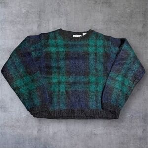 VTG Nell Flowers Sweater Womens Medium Green Purple Mohair Blend Sweatshirt 90s